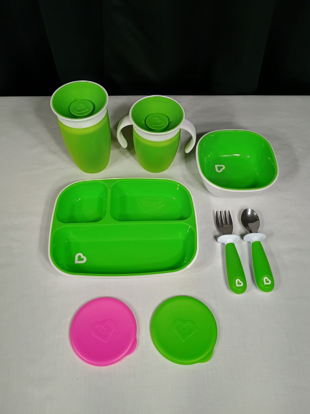 Munchkin Bundle - Toddler Miracle 360 Cups, Plates, Bowl, Lids, Utensils, Green